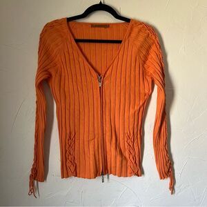 Belldini y2k Orange V-Neck Two-Way Zip Sweater Fairy Grunge 2000s Ribbed Size M